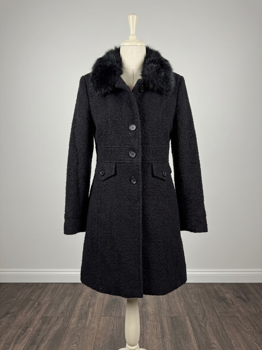Vintage 90s Y2K Giacca black wool princess coat faux fur collar M